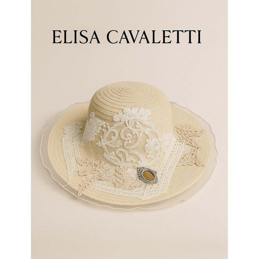 Elisa Cavaletti Italy Handcrafted Lace Embellished Straw Hat 100% Paglia Cottage - Picture 9 of 10